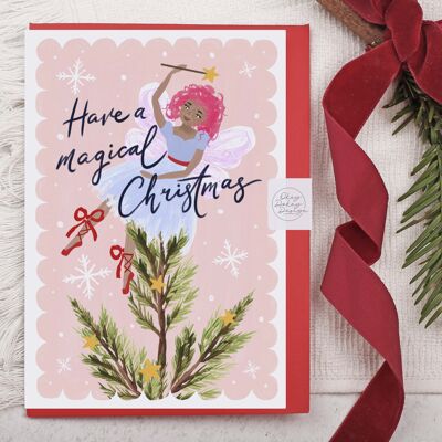 Cartolina di Natale | Biglietto di auguri per le vacanze | Fata magica rosa