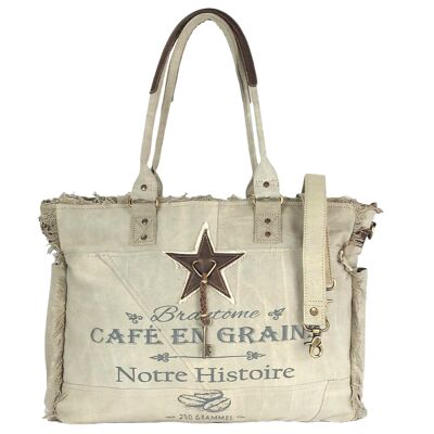 Sunsa Vintage XXL Tasche. Handtasche als Sporttasche oder als Badetasche. Shopper aus beigem Canvas mit Leder