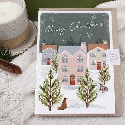 Cartolina di buon Natale | Carta di vacanza | Villaggio della casa innevata