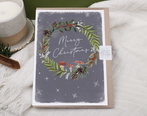 Merry Christmas Card | Holiday Card | Wreath & Mushrooms