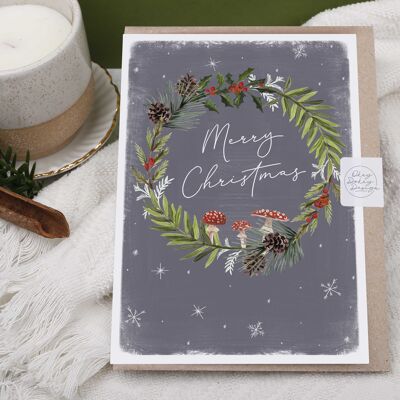 Cartolina di buon Natale | Carta di vacanza | Ghirlanda & Funghi