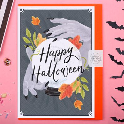 Carta di Halloween | Biglietto di auguri per strega mistica con sfera di cristallo