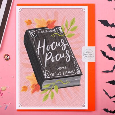 Carta di Halloween | Cartolina d'auguri della strega del libro degli incantesimi di Hocus Pocus