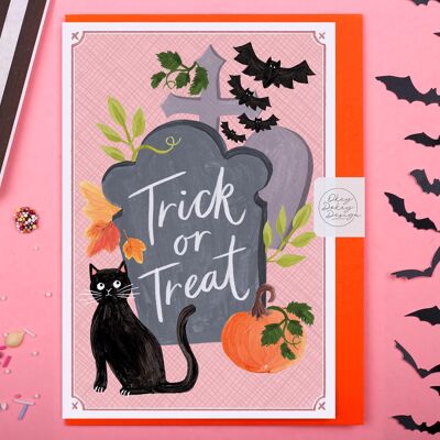 Carte Halloween | Trick or Treat Cat Pierre tombale Carte de vœux