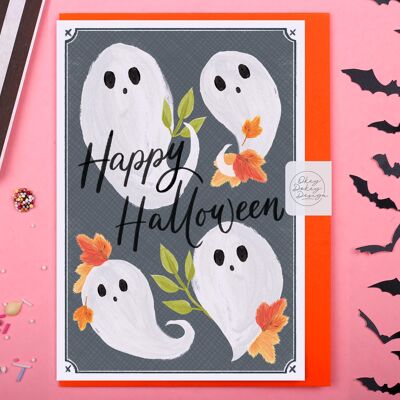 Tarjeta del feliz Halloween | Fantasma gris y necrófago Tarjetas de felicitación