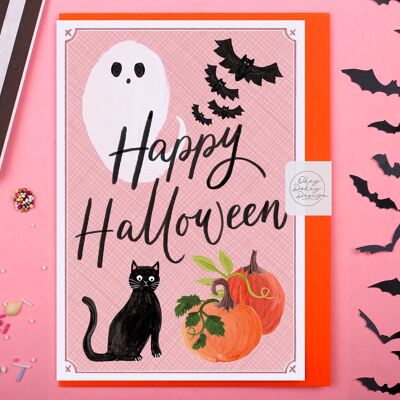 Carte Happy Halloween rose | Fantôme, chauve-souris et chat Carte de vœux