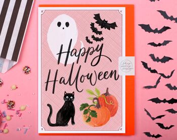 Carte Happy Halloween rose | Fantôme, chauve-souris et chat Carte de vœux 1