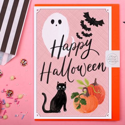 Carte Happy Halloween rose | Fantôme, chauve-souris et chat Carte de vœux