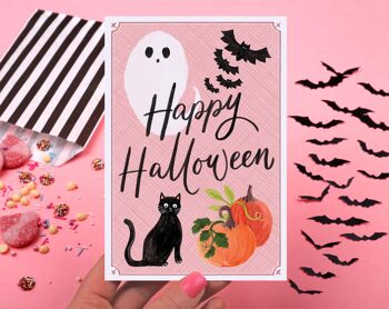Carte Happy Halloween rose | Fantôme, chauve-souris et chat Carte de vœux 2