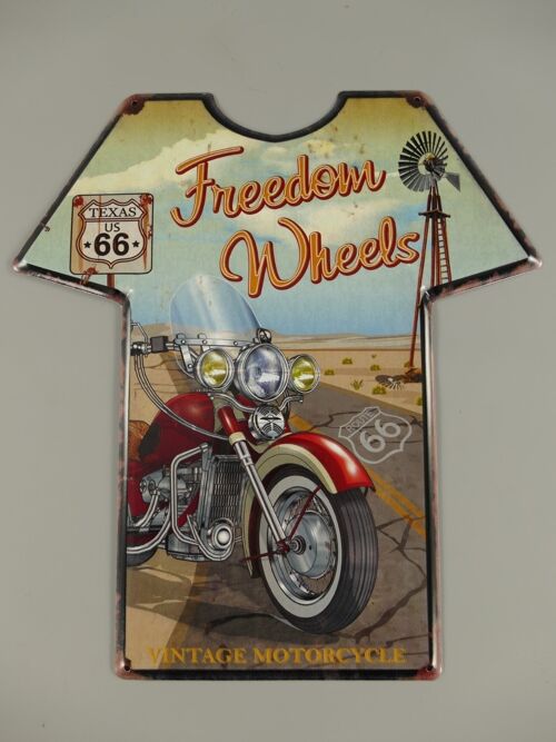 Blechschild im T-Shirt Design -  Route 66 Freedom Wheels 41x37cm