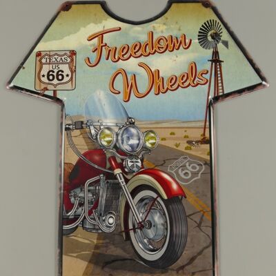 Cartel de chapa con diseño de camiseta - Route 66 Freedom Wheels 41x37cm