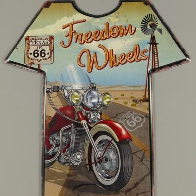 Blechschild im T-Shirt Design -  Route 66 Freedom Wheels 41x37cm