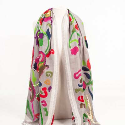 ÉCHARPE - SCARF - BUFANDA - Scarf embroidered "Dreamflowers" in silver grey