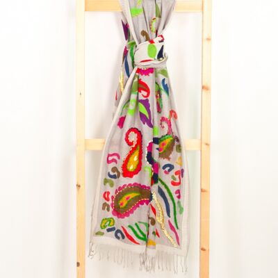 ÉCHARPE - SCARF - BUFANDA - Scarf embroidered "Dreamflowers" in silver grey