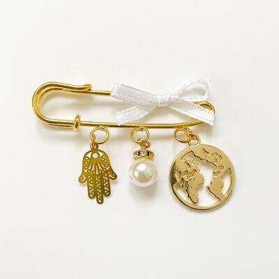 Lucky charm pin with 3 charms and bow