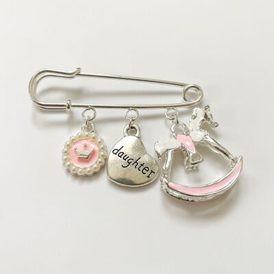 Pin lucky charm as a gift for birth or baptism girl with 3 charms, silver