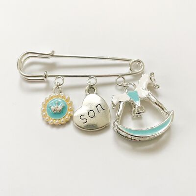 Pin lucky charm as a gift for birth or christening boy with 3 charms, silver