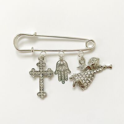 Pin lucky charm as a gift for birth or baptism with 3 charms, silver