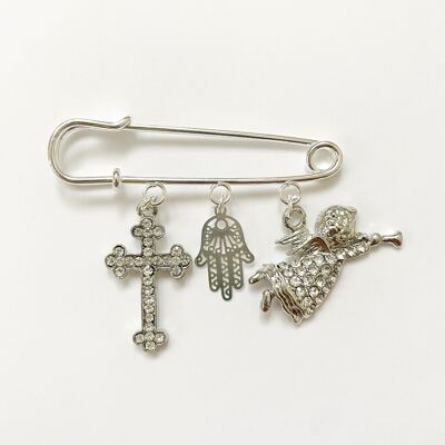 Pin's porte-bonheur comme cadeau de naissance ou de baptême avec 3 breloques, argent