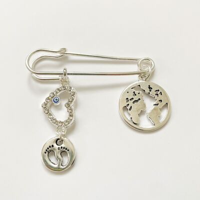 Pin lucky charm as a gift for birth with 3 charms, silver