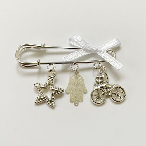 Anstecknadel Glücksbringer als Geschenk zur Geburt oder Taufe mit 3 Charms + Schleife, silber