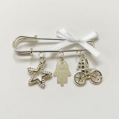 Pin lucky charm as a gift for birth or christening with 3 charms + bow, silver
