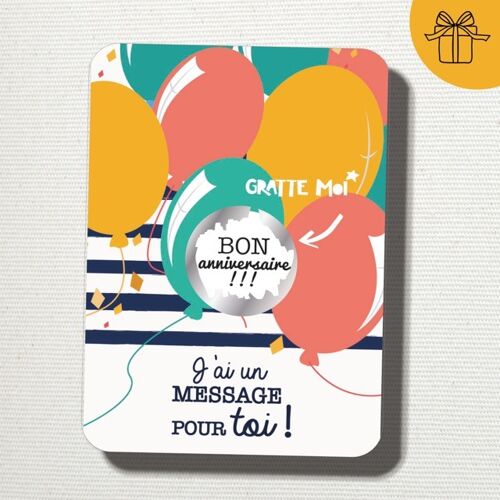 "Bon anniversaire ballons" carte à gratter, message surprise