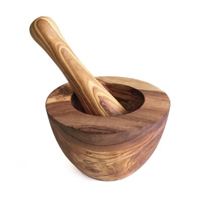 Mortar and pestle flattened Ø 10 cm handmade from olive wood