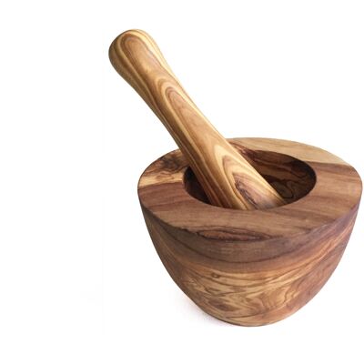 Mortar and pestle flattened Ø 10 cm handmade from olive wood