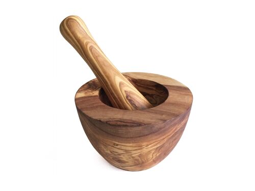 Mortar with pestle flattened Ø 16 cm handmade from olive wood