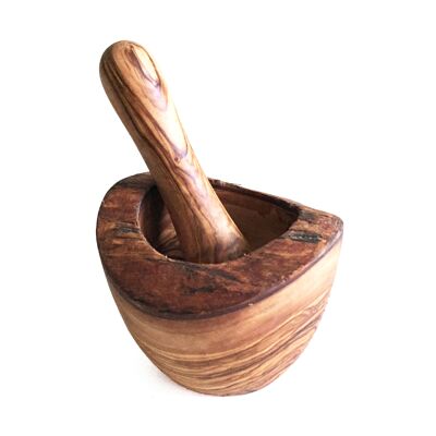 Mortero y maja rústico Ø 12 cm hecho a mano en madera de olivo