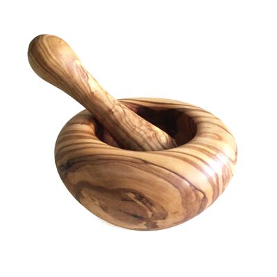 Mortero redondo con mazo Ø 10 cm hecho a mano en madera de olivo