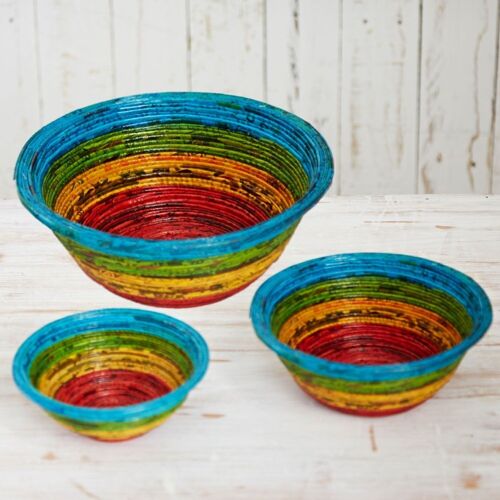 Large Round Recycled Newspaper Bowl - Blue/Green/Yellow/Red