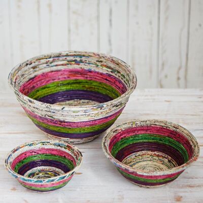 Large Round Recycled Newspaper Bowl - Natural/Pink/Green/Purple