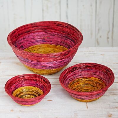 Large Round Recycled Newspaper Bowl - Red/Pink/Yellow