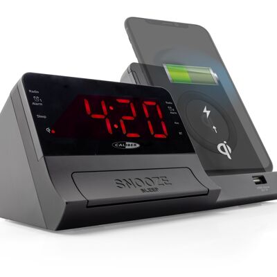 Caliber Alarm Clock Radio with Bluetooth, USB and Qi Charger - Black (HCG012QI-BT)