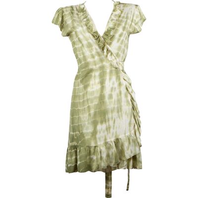 Khaki tie-dye print wrap dress