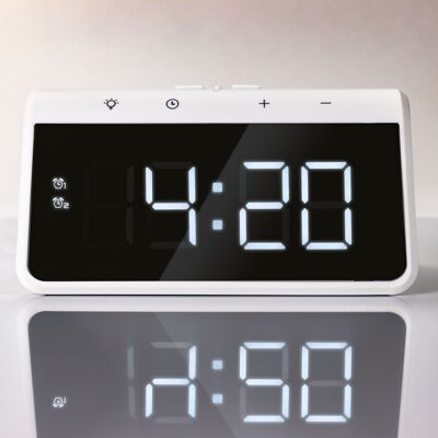 Alarm Clock with Wireless Charging, USB, and Big Screen - White (HCG019QI-W)