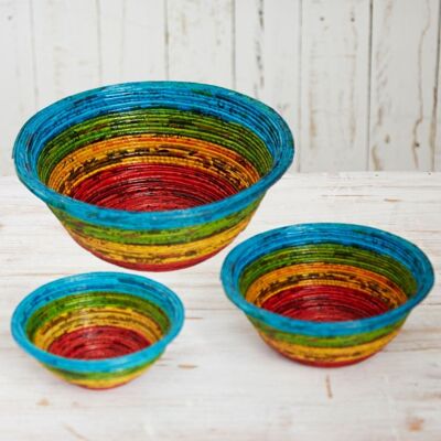 Medium Round Recycled Newspaper Bowl - Blue/Green/Yellow/Red