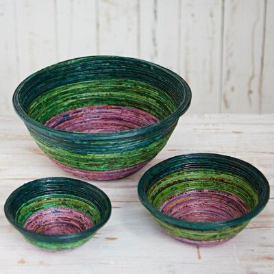 Medium Round Recycled Newspaper Bowl - Dark Green/Light Green/Lilac