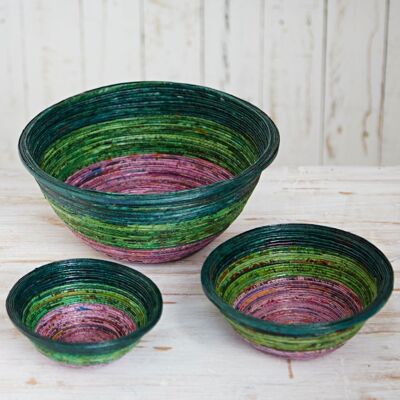 Small Round Recycled Newspaper Bowl - Dark Green/Light Green/Lilac