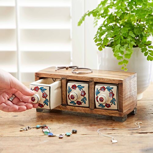 Hand Painted White Floral Ceramic 3 Drawer Chest