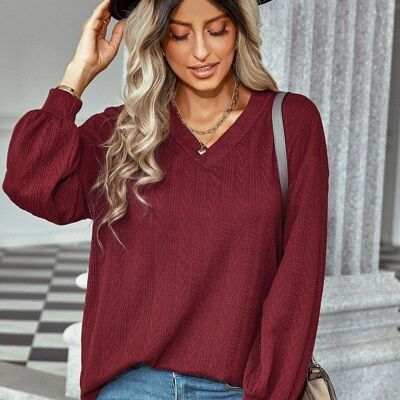 Textured Knit V Neck Sweater-Burgundy