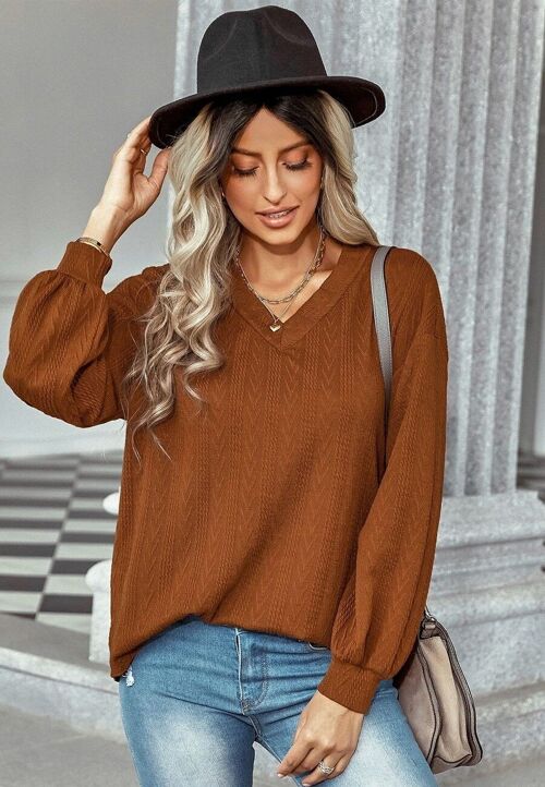 Textured Knit V Neck Sweater-Brown