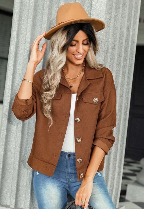 Contrast Button Down Jacket-Brown