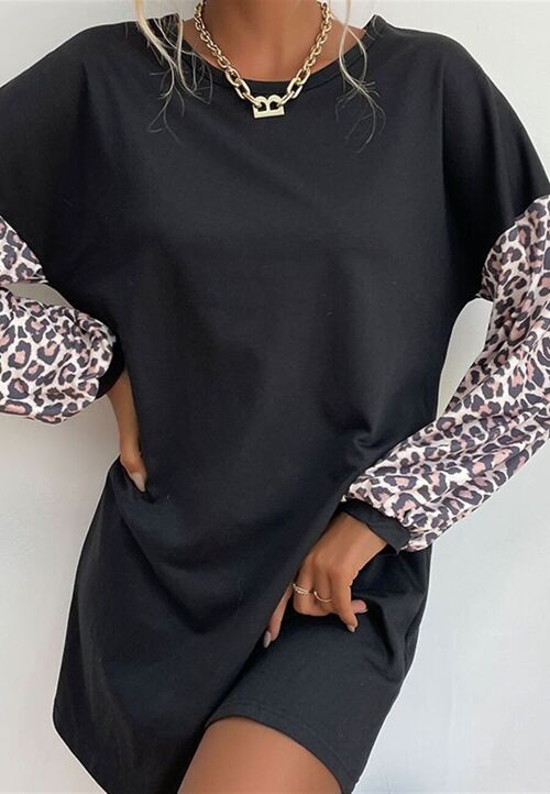 Two Tone Leopard Print Dress-Black