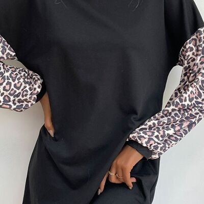 Zweifarbiges Kleid mit Leopardenmuster-Schwarz