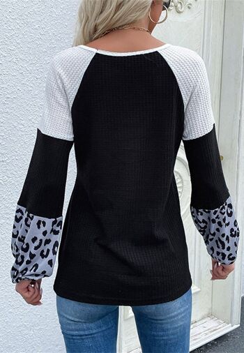 Pull texturé léopard à blocs de couleurs-Noir 5