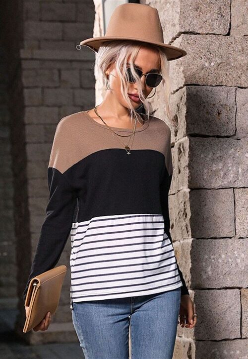 Tri-Tone Striped Print Sweater-Black