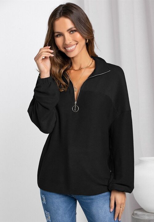 Zip-Up Textured Knit Sweatshirt-Black